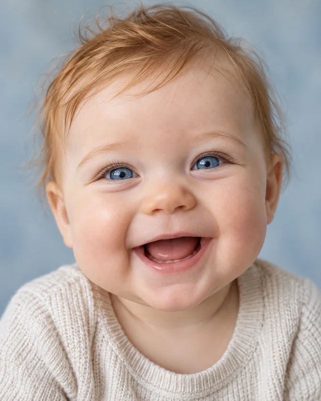 A rosy-cheeked baby with a bright smile looking directly at the camera