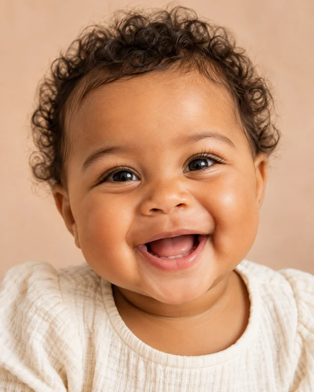 A joyful baby with dark curls smiling directly at the camera