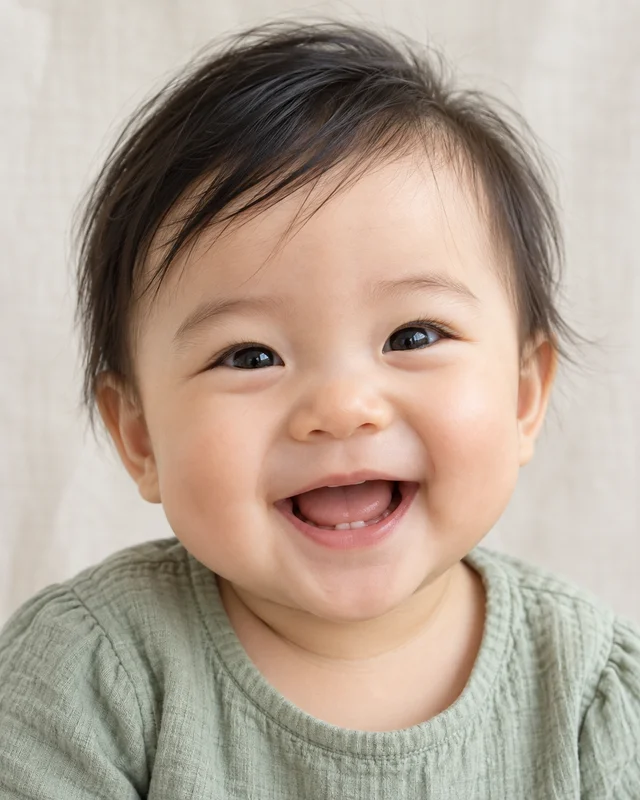 A smiling baby in a sage top looking directly at the camera