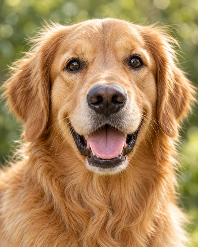 A happy golden retriever looking directly at the camera