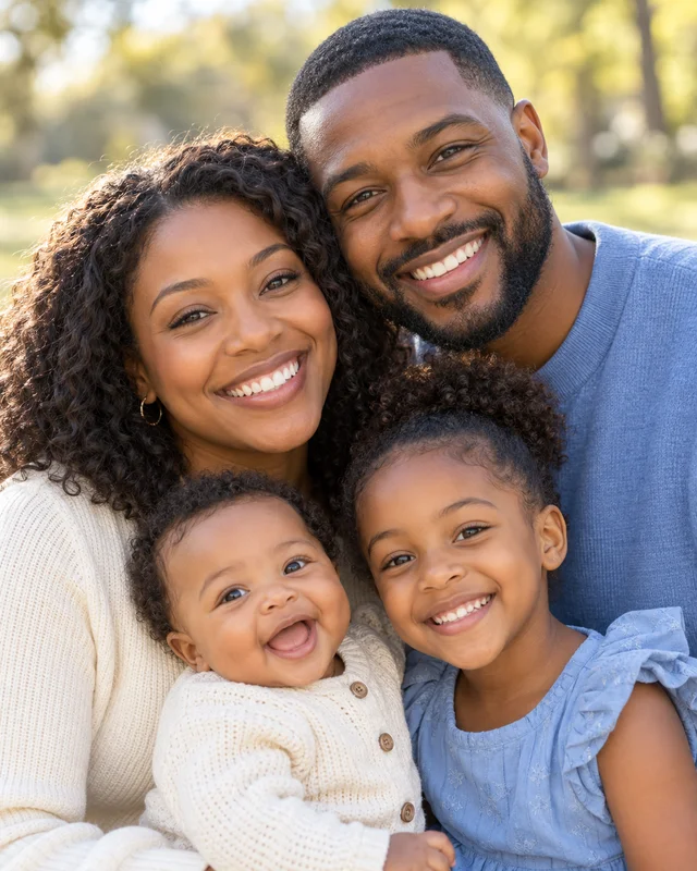 Two smiling parents and their children together