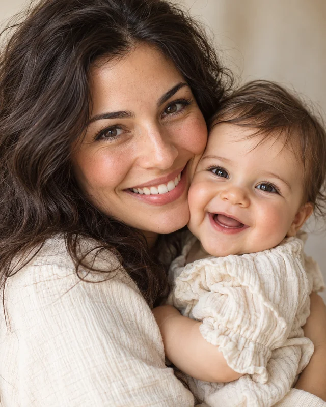 A mother and her smiling baby cheek to cheek
