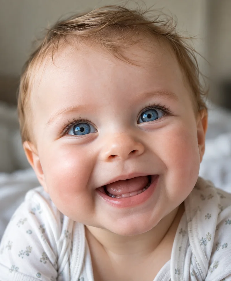 A smiling baby with bright blue eyes, an example of a favorite photo to print